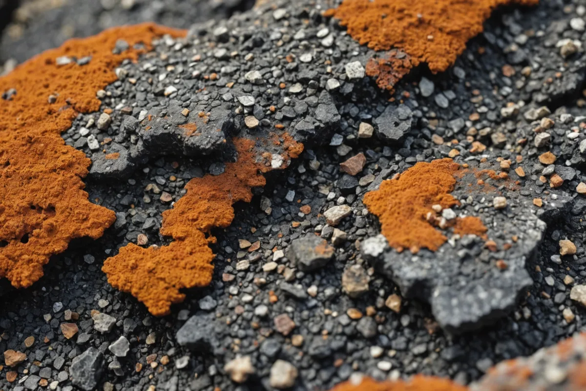 Close-up of Patagonian volcanic soil with mineral texture and sparse extremophile growth